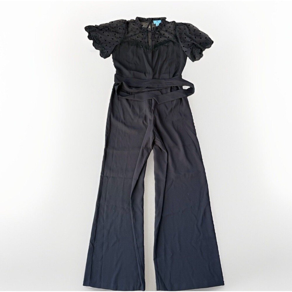 CeCe Black Jumpsuit 8 Sheer Polka Dot Lace Flutter Sleeve Tie Belt Wide Leg